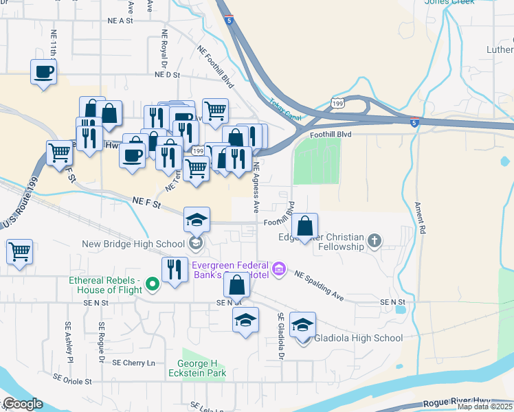 map of restaurants, bars, coffee shops, grocery stores, and more near Northeast Agness Avenue in Grants Pass
