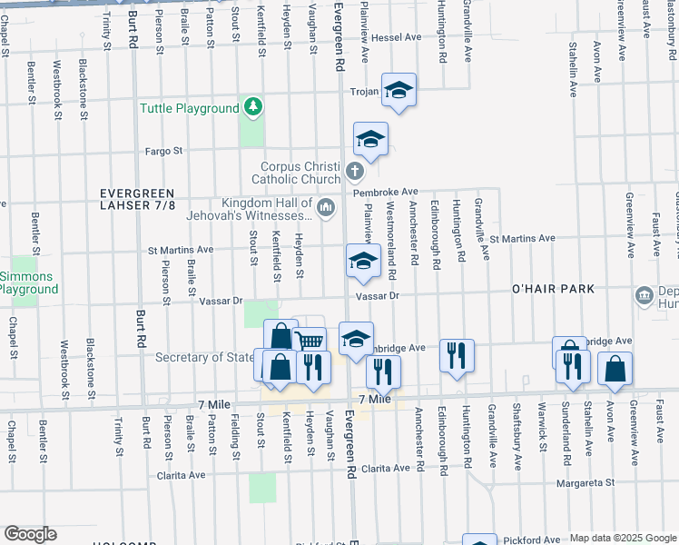 map of restaurants, bars, coffee shops, grocery stores, and more near 19415 Evergreen Road in Detroit