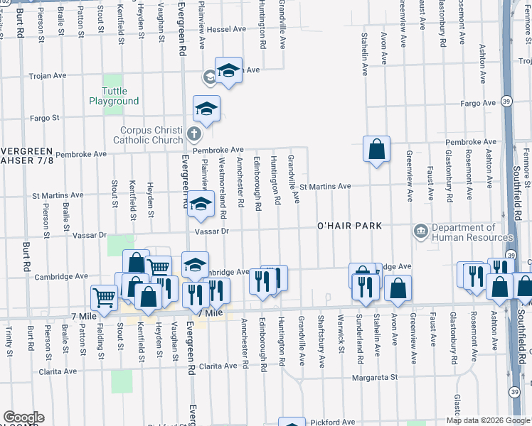 map of restaurants, bars, coffee shops, grocery stores, and more near 19401 Huntington Road in Detroit