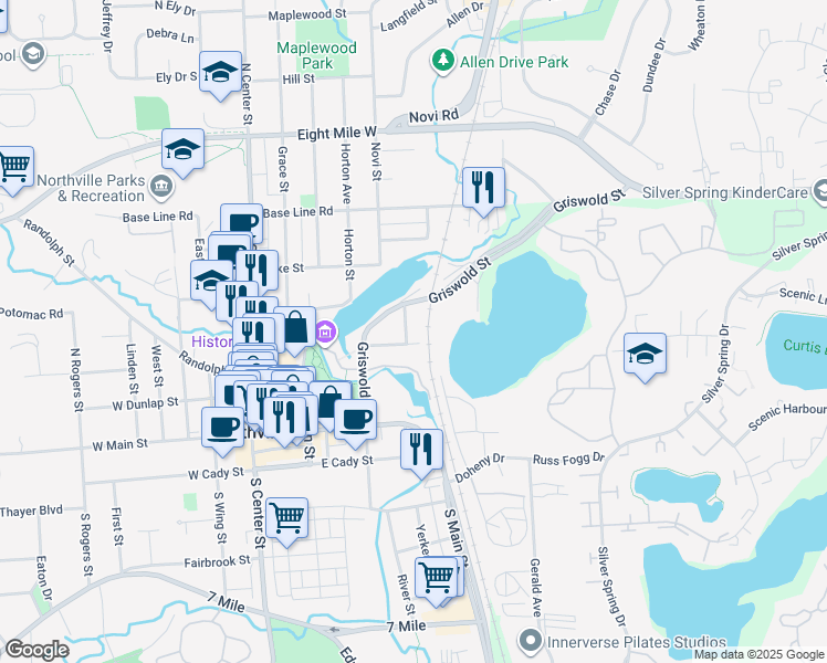 map of restaurants, bars, coffee shops, grocery stores, and more near 318 Pennell Street in Northville