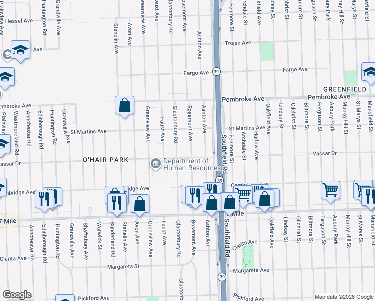 map of restaurants, bars, coffee shops, grocery stores, and more near 19376 Rosemont Avenue in Detroit