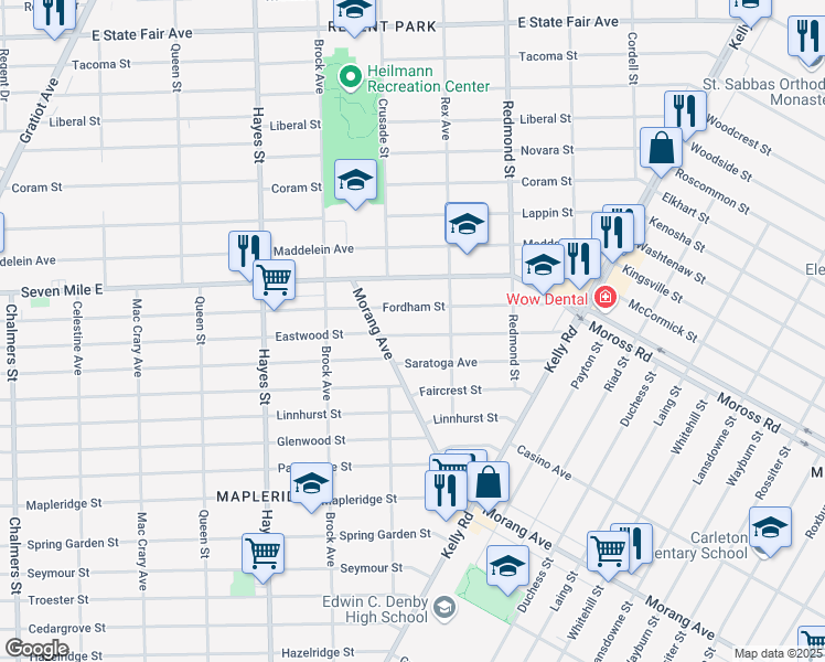map of restaurants, bars, coffee shops, grocery stores, and more near 15601 Eastwood Street in Detroit