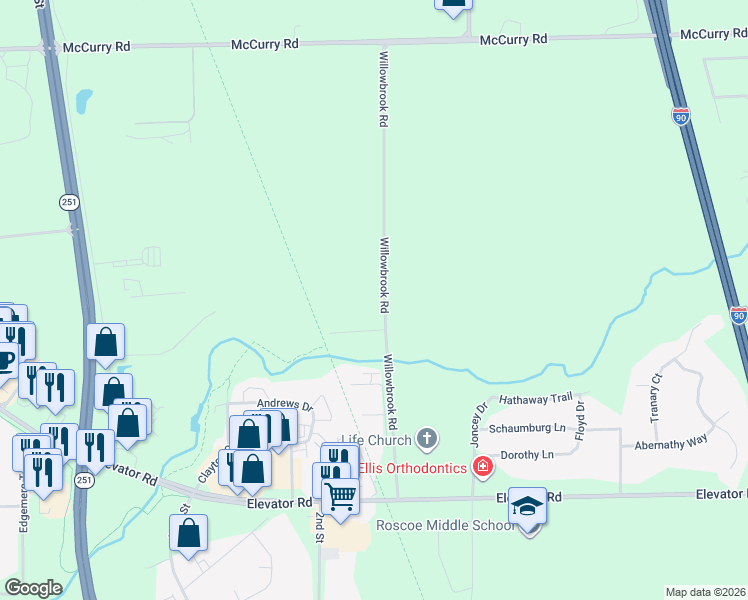 map of restaurants, bars, coffee shops, grocery stores, and more near 11918 Willowbrook Road in Roscoe