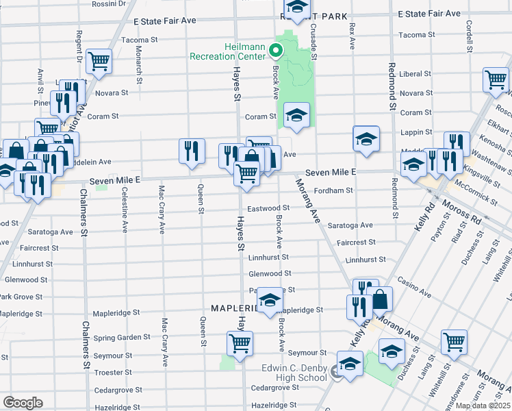 map of restaurants, bars, coffee shops, grocery stores, and more near 18820 Hayes Street in Detroit