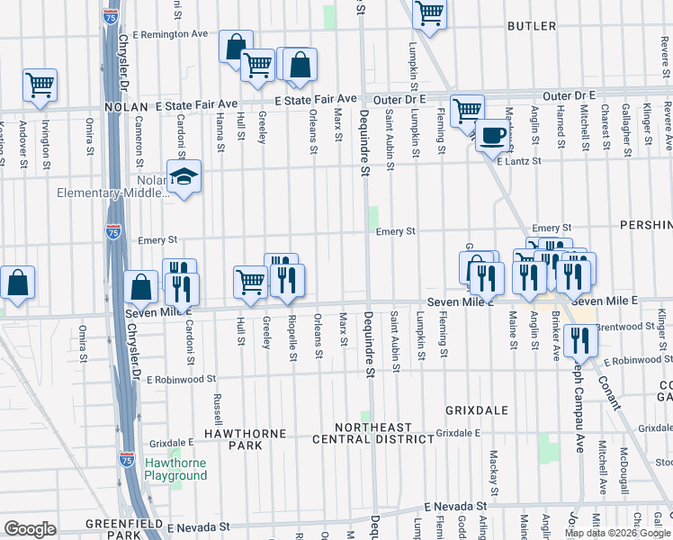 map of restaurants, bars, coffee shops, grocery stores, and more near 19181 Marx Street in Highland Park