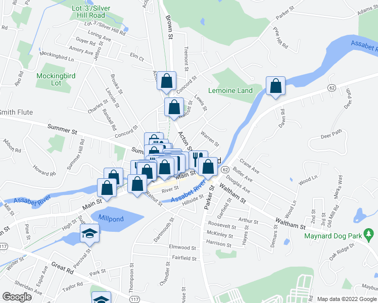 map of restaurants, bars, coffee shops, grocery stores, and more near 30 Acton Street in Maynard