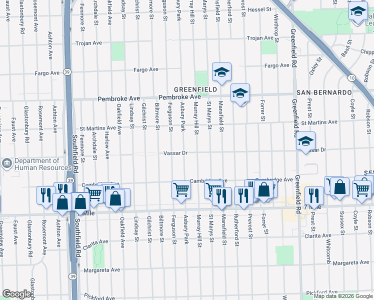 map of restaurants, bars, coffee shops, grocery stores, and more near 19362 Asbury Park in Detroit