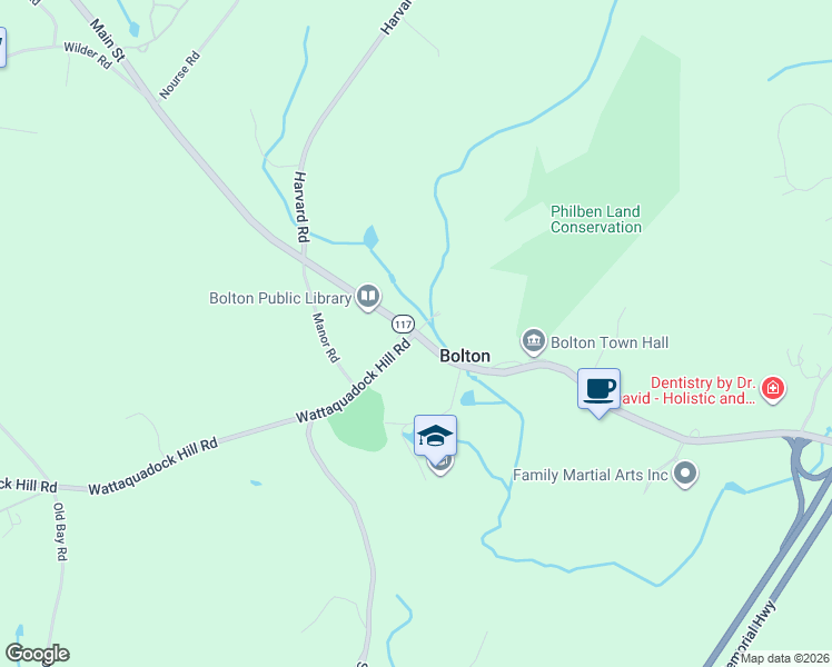 map of restaurants, bars, coffee shops, grocery stores, and more near 8 Wattaquadock Hill Road in Bolton
