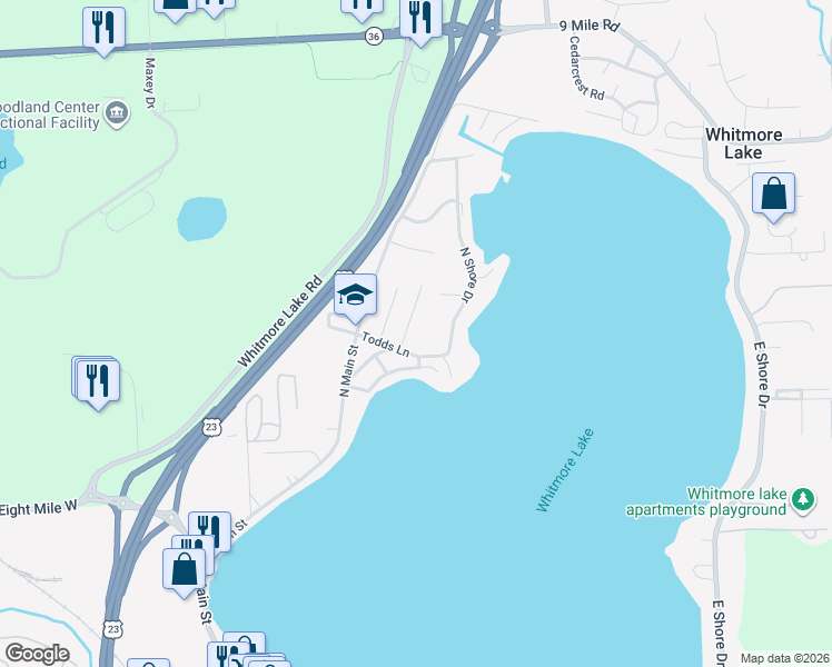map of restaurants, bars, coffee shops, grocery stores, and more near 11728 Kenton Drive in Whitmore Lake
