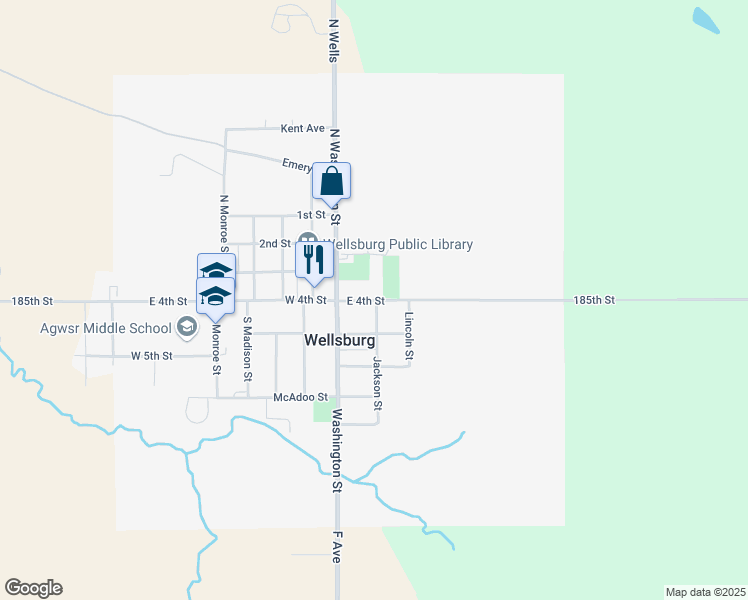map of restaurants, bars, coffee shops, grocery stores, and more near 601 East 4th Street in Wellsburg