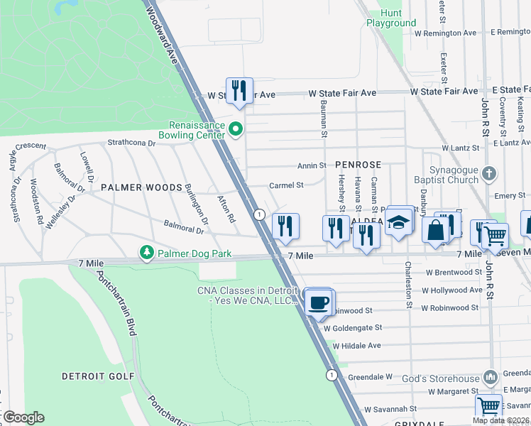 map of restaurants, bars, coffee shops, grocery stores, and more near 19302 Woodward Avenue in Detroit