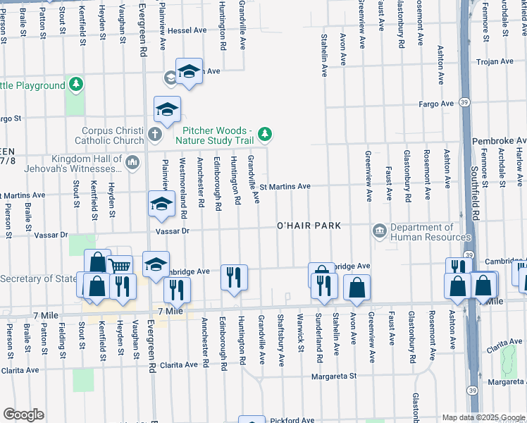 map of restaurants, bars, coffee shops, grocery stores, and more near 19444 Grandville Avenue in Detroit
