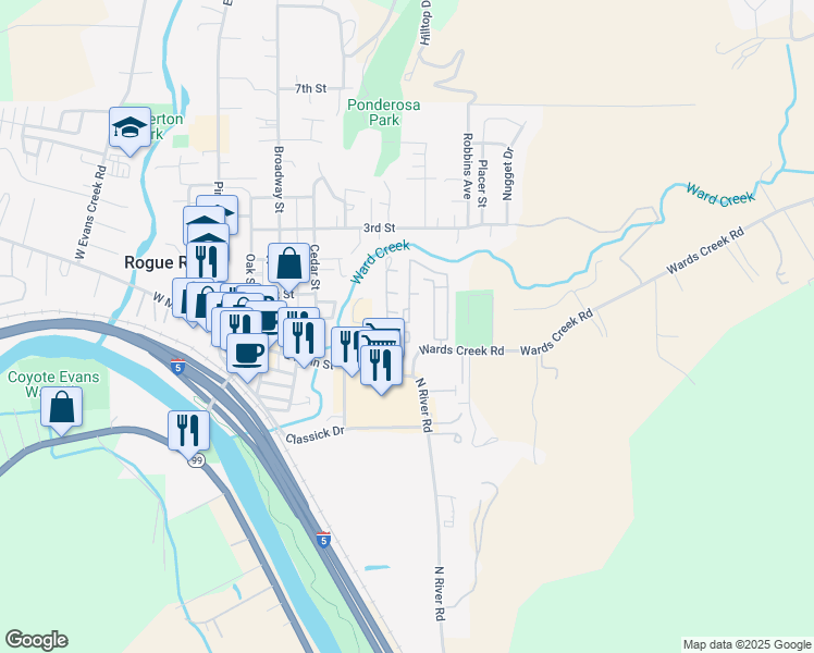 map of restaurants, bars, coffee shops, grocery stores, and more near 199 Rogue Lane in Rogue River