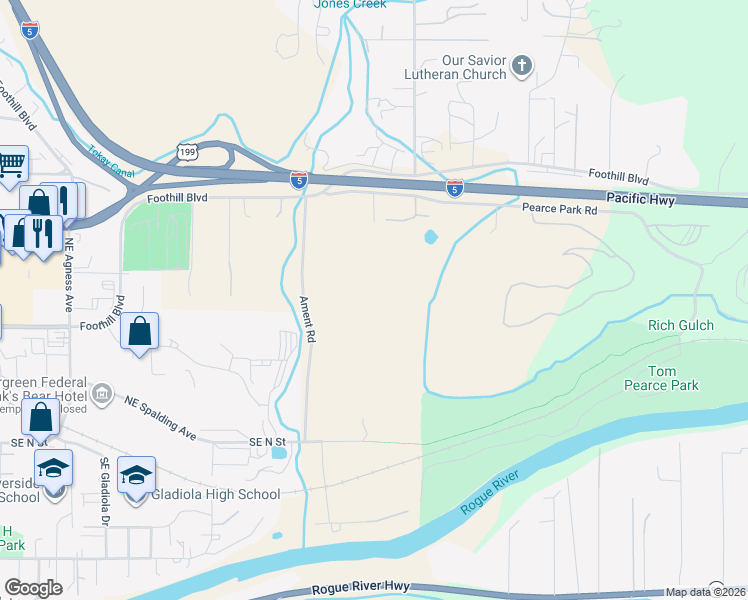 map of restaurants, bars, coffee shops, grocery stores, and more near 425 Ament Road in Grants Pass