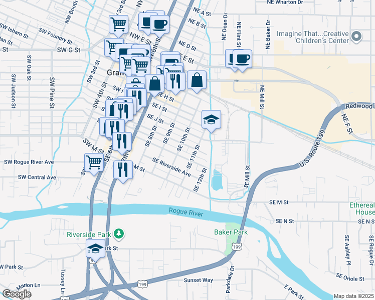map of restaurants, bars, coffee shops, grocery stores, and more near 509 Southeast L Street in Grants Pass