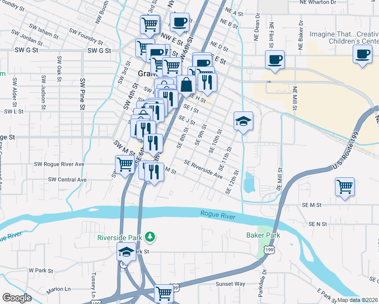 map of restaurants, bars, coffee shops, grocery stores, and more near 709 Southeast 9th Street in Grants Pass