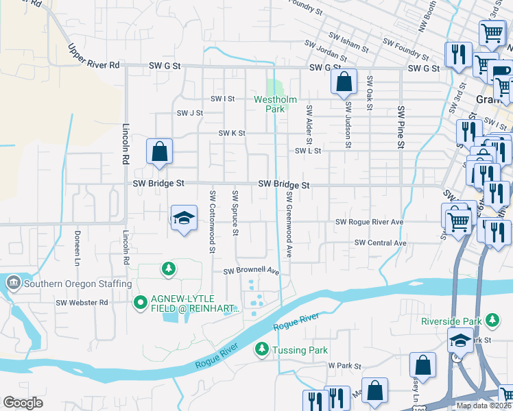 map of restaurants, bars, coffee shops, grocery stores, and more near 1400 Southwest Rogue River Avenue in Grants Pass