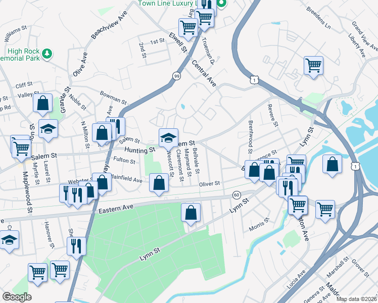 map of restaurants, bars, coffee shops, grocery stores, and more near 31 Maynard Street in Malden