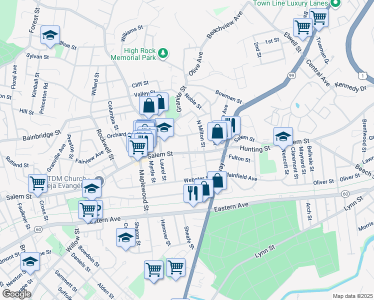 map of restaurants, bars, coffee shops, grocery stores, and more near 16-18 Church Street in Malden