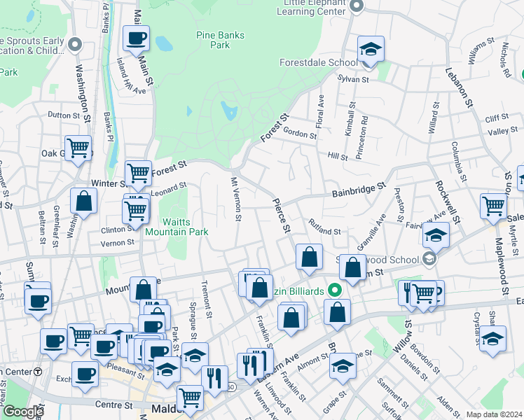 map of restaurants, bars, coffee shops, grocery stores, and more near 104 Porter Street in Malden