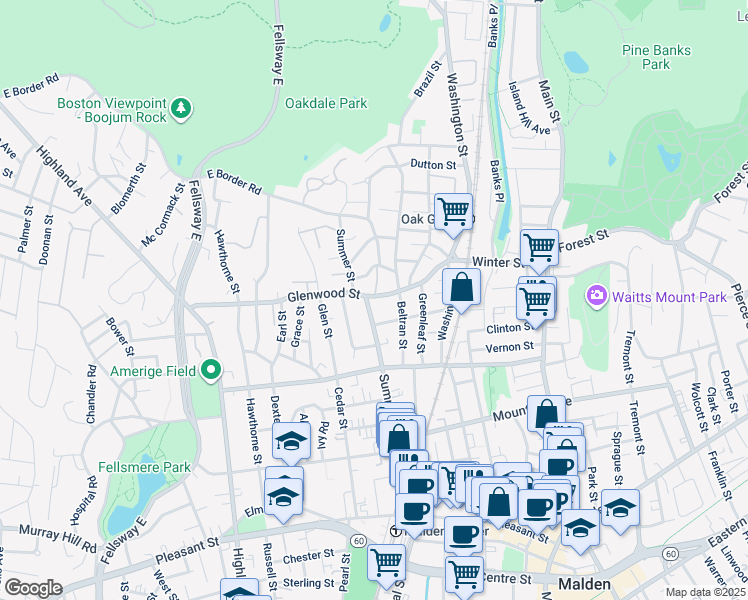 map of restaurants, bars, coffee shops, grocery stores, and more near 55 Francis Street in Malden
