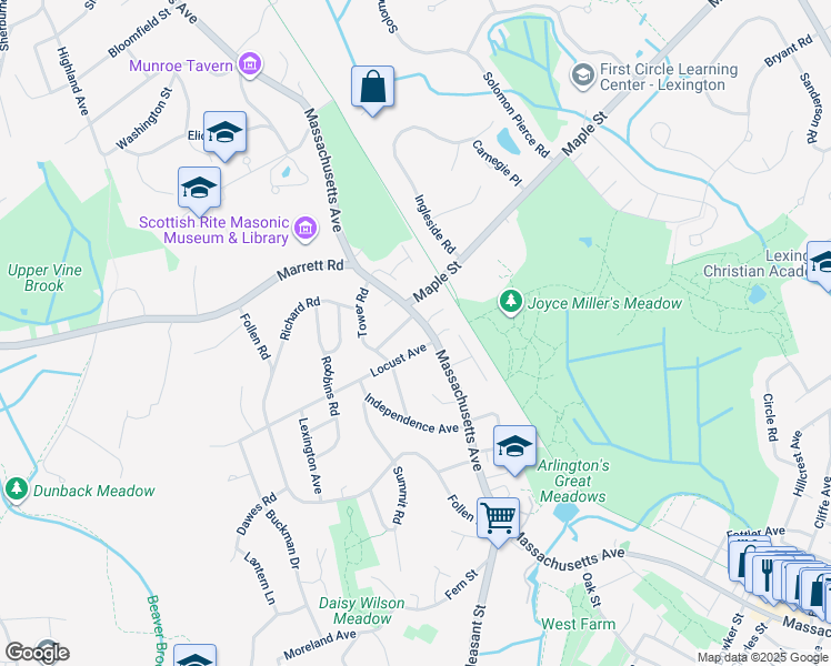 map of restaurants, bars, coffee shops, grocery stores, and more near 998 Massachusetts Avenue in Lexington
