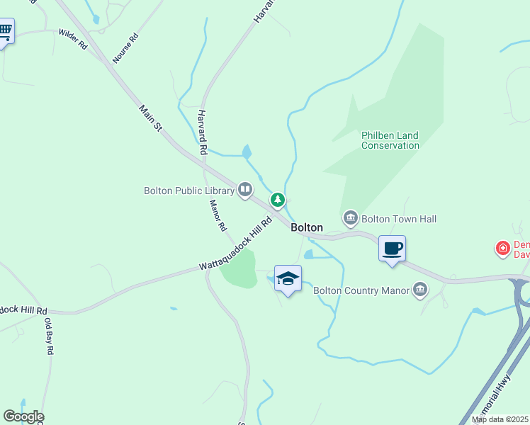 map of restaurants, bars, coffee shops, grocery stores, and more near 8 Wattaquadock Hill Road in Bolton