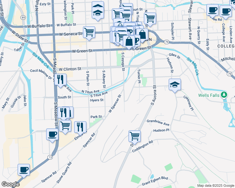 map of restaurants, bars, coffee shops, grocery stores, and more near 431 South Geneva Street in Ithaca