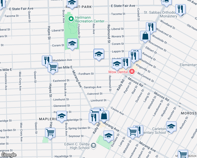 map of restaurants, bars, coffee shops, grocery stores, and more near 15817 Saratoga Avenue in Detroit