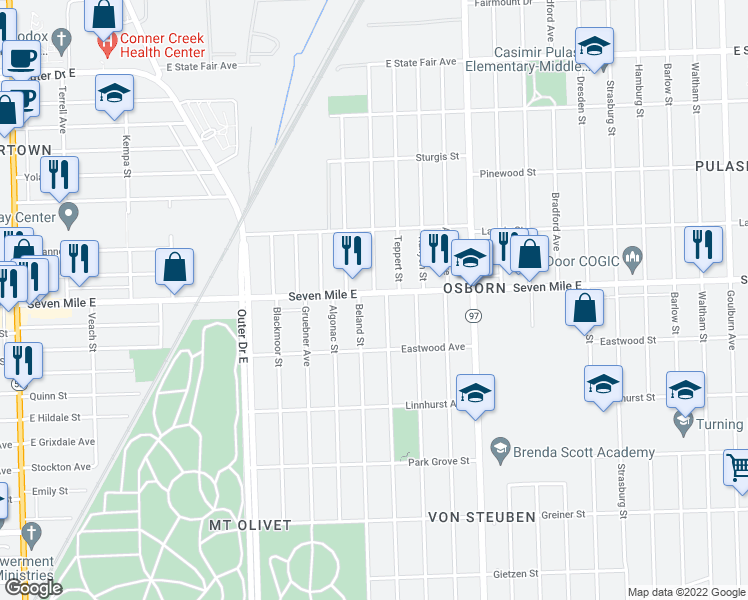 map of restaurants, bars, coffee shops, grocery stores, and more near 18971 Teppert Street in Detroit