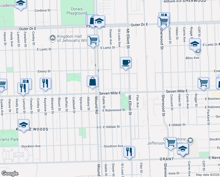 map of restaurants, bars, coffee shops, grocery stores, and more near in Detroit