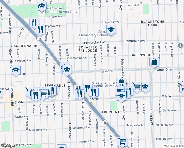 map of restaurants, bars, coffee shops, grocery stores, and more near 19335 Ardmore Street in Detroit