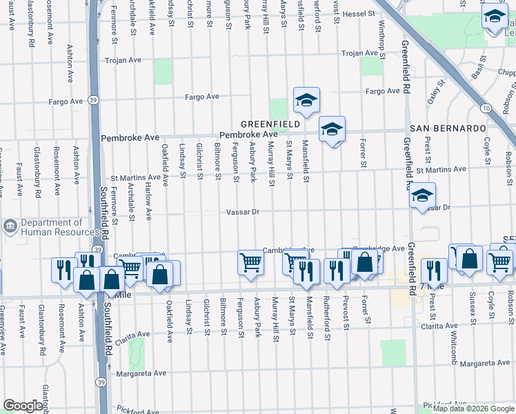 map of restaurants, bars, coffee shops, grocery stores, and more near 19362 Asbury Park in Detroit