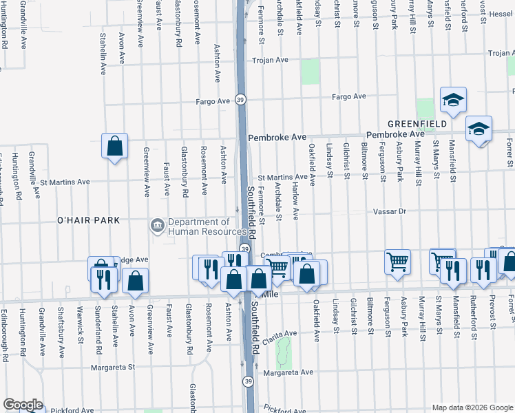 map of restaurants, bars, coffee shops, grocery stores, and more near 19377 Fenmore Street in Detroit