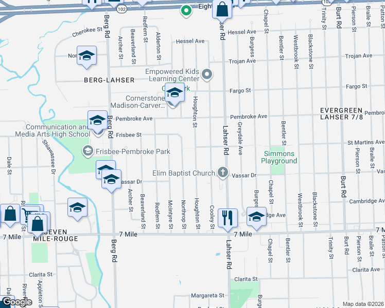 map of restaurants, bars, coffee shops, grocery stores, and more near 19410 Northrop Street in Detroit