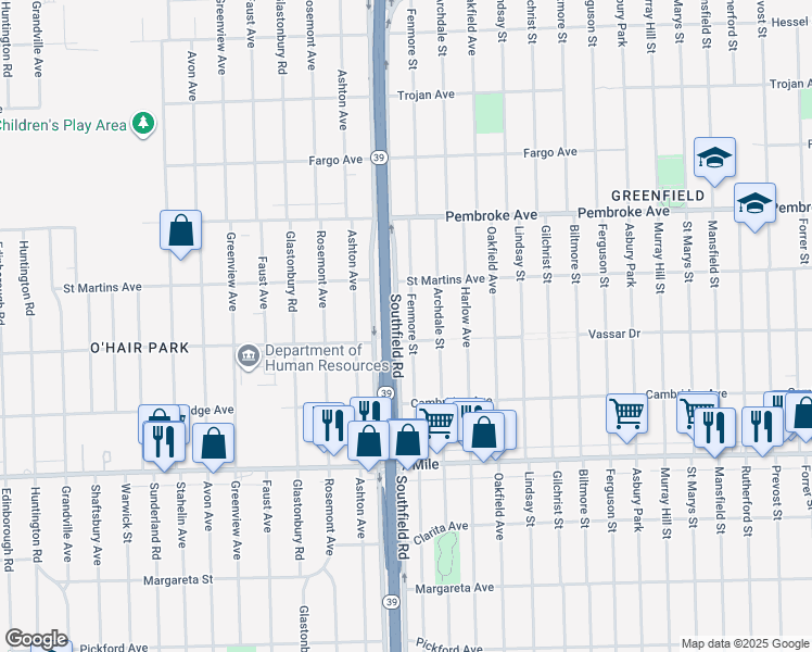 map of restaurants, bars, coffee shops, grocery stores, and more near 19377 Fenmore Street in Detroit