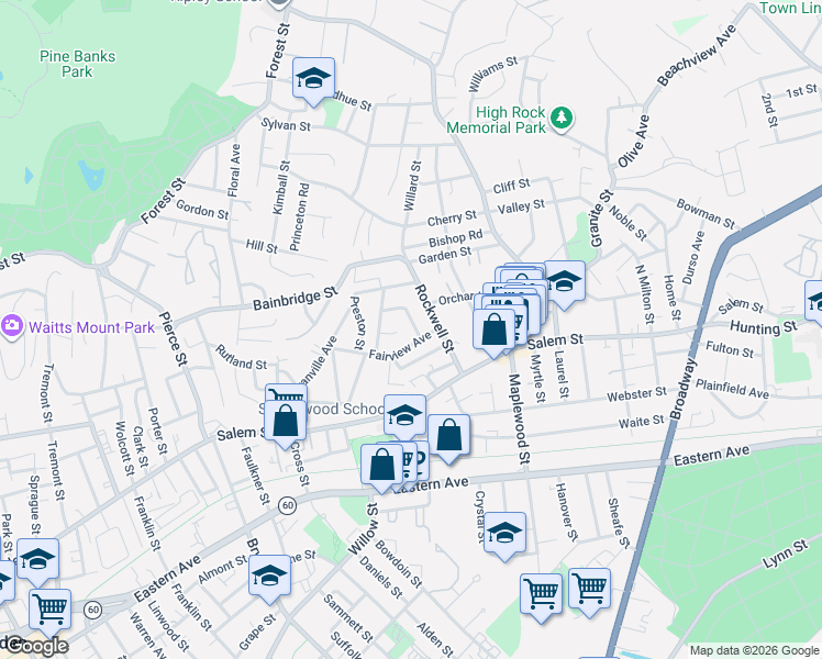 map of restaurants, bars, coffee shops, grocery stores, and more near 60 Fairview Avenue in Malden