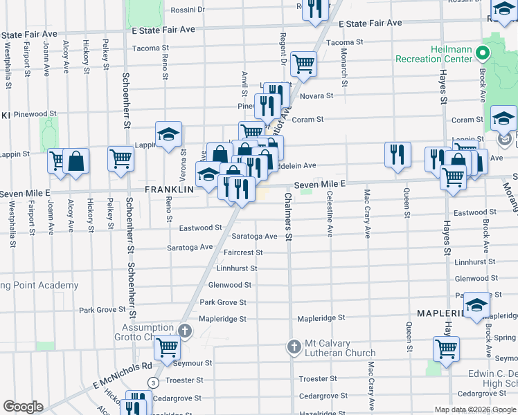 map of restaurants, bars, coffee shops, grocery stores, and more near 14202 Eastwood Street in Detroit