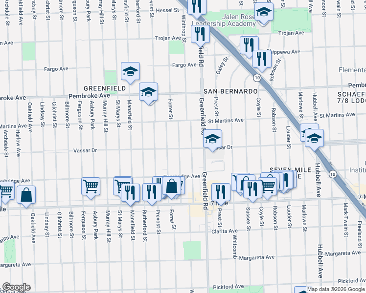 map of restaurants, bars, coffee shops, grocery stores, and more near 19358 Montrose Street in Detroit