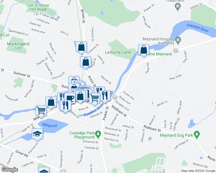 map of restaurants, bars, coffee shops, grocery stores, and more near 14 Pleasant Street in Maynard