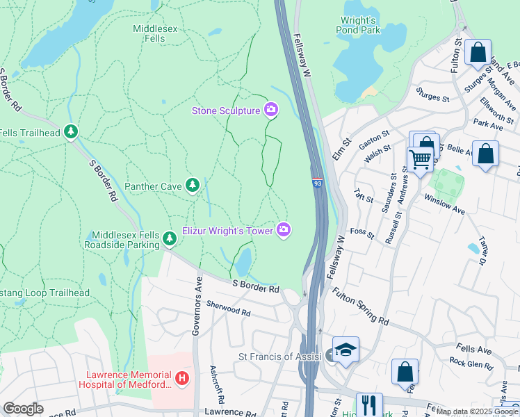 map of restaurants, bars, coffee shops, grocery stores, and more near Quarry Road Path in Medford