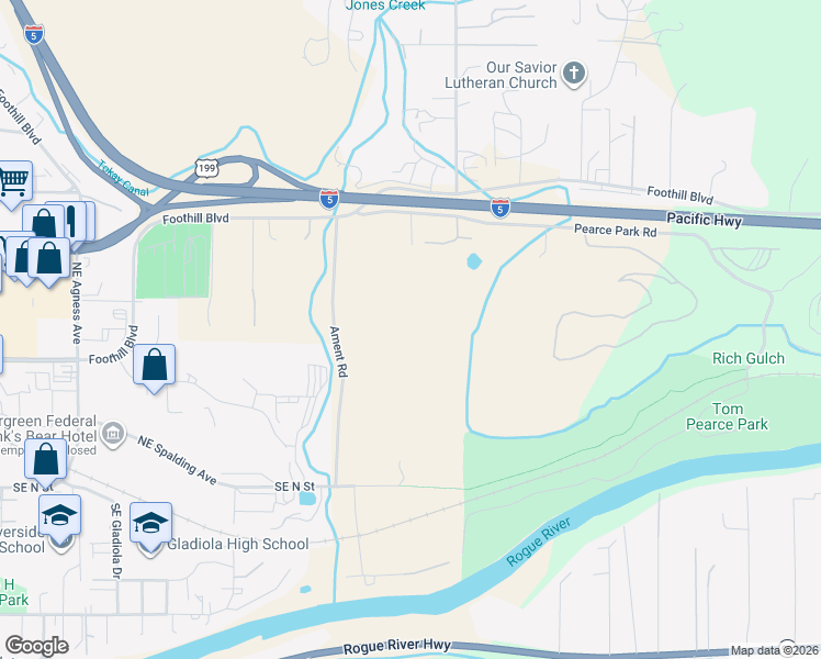 map of restaurants, bars, coffee shops, grocery stores, and more near 425 Ament Road in Grants Pass