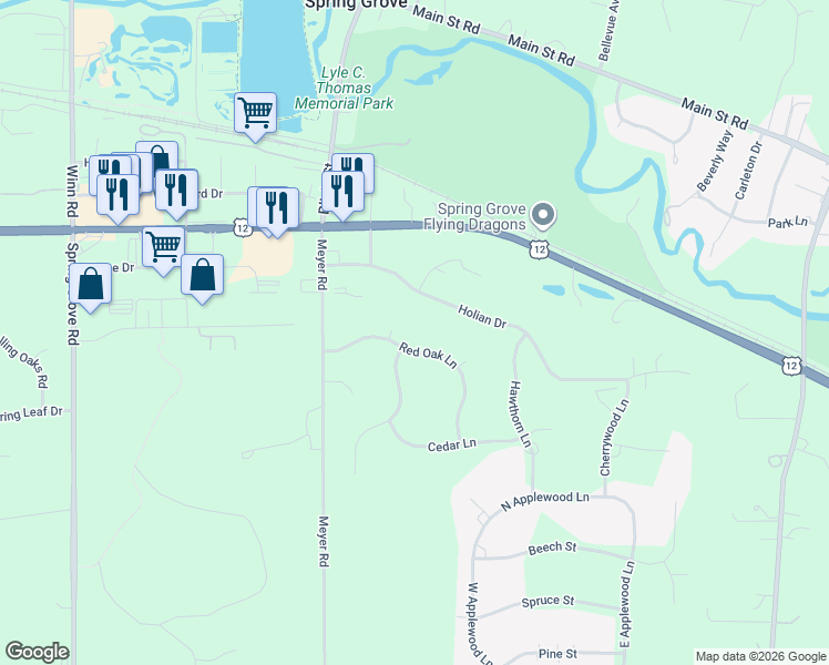 map of restaurants, bars, coffee shops, grocery stores, and more near 7392 English Oak Lane in Spring Grove