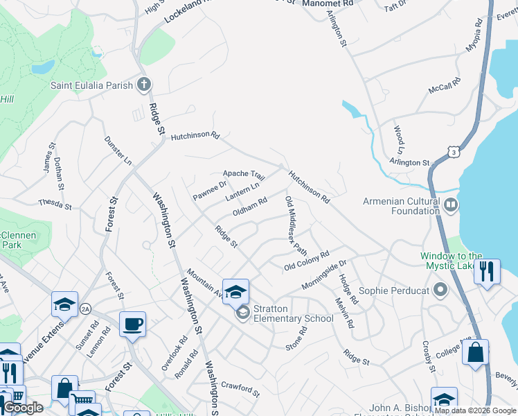 map of restaurants, bars, coffee shops, grocery stores, and more near 22 Oldham Road in Arlington