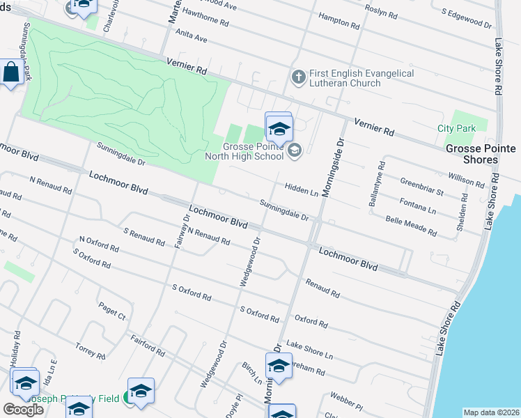 map of restaurants, bars, coffee shops, grocery stores, and more near 762 Lochmoor Boulevard in Grosse Pointe Woods