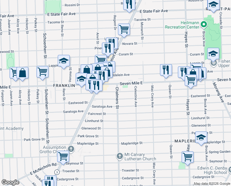 map of restaurants, bars, coffee shops, grocery stores, and more near 14296 Fordham Street in Detroit