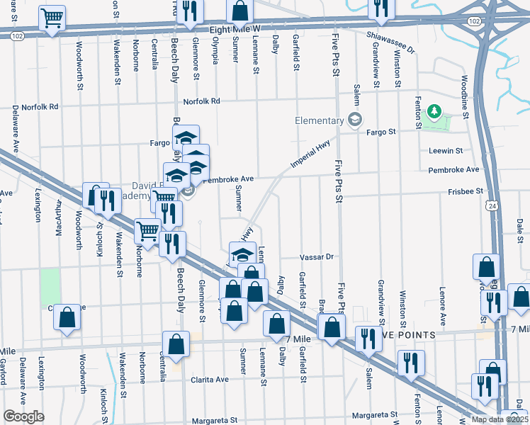 map of restaurants, bars, coffee shops, grocery stores, and more near 19540 Lennane in Redford Charter Township