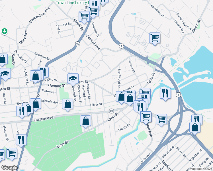 map of restaurants, bars, coffee shops, grocery stores, and more near 11 Clapp Street in Malden