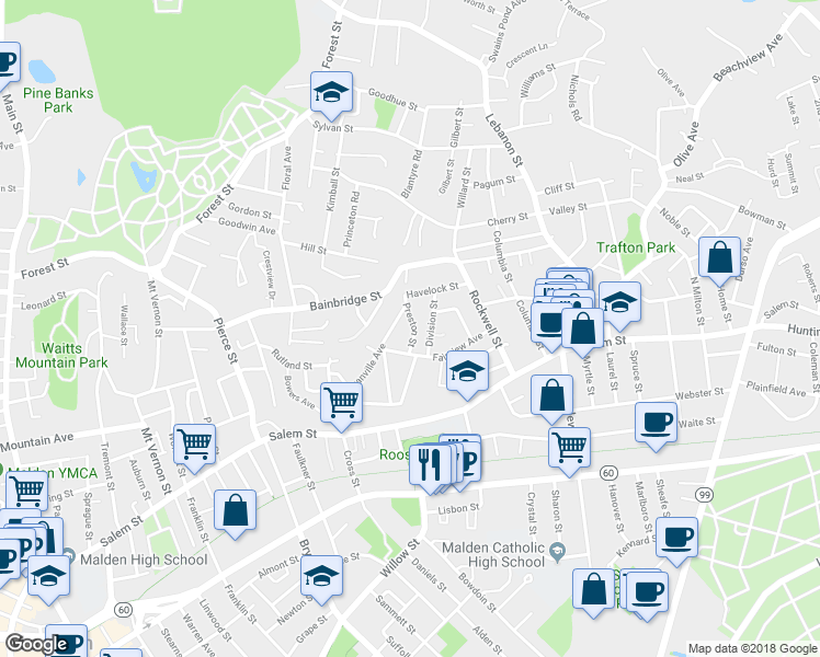 map of restaurants, bars, coffee shops, grocery stores, and more near 24-26 Fairview Avenue in Malden