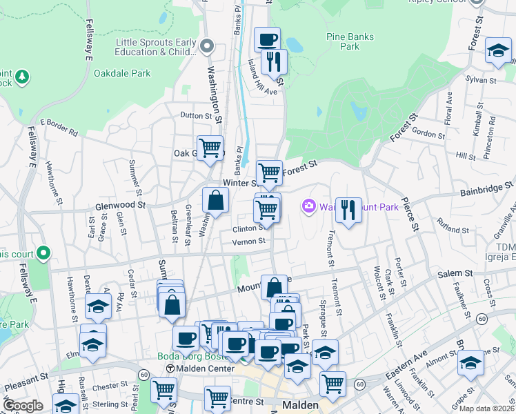 map of restaurants, bars, coffee shops, grocery stores, and more near 9 Clinton Street in Malden